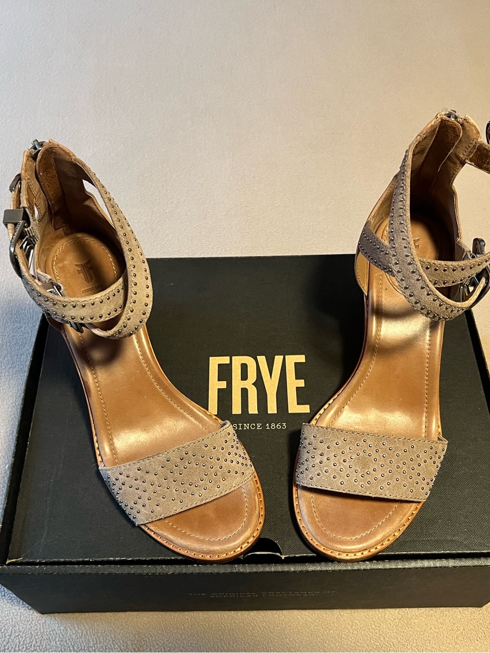 FRYE Brielle Western Studded Suede Ankle-Strap Heels